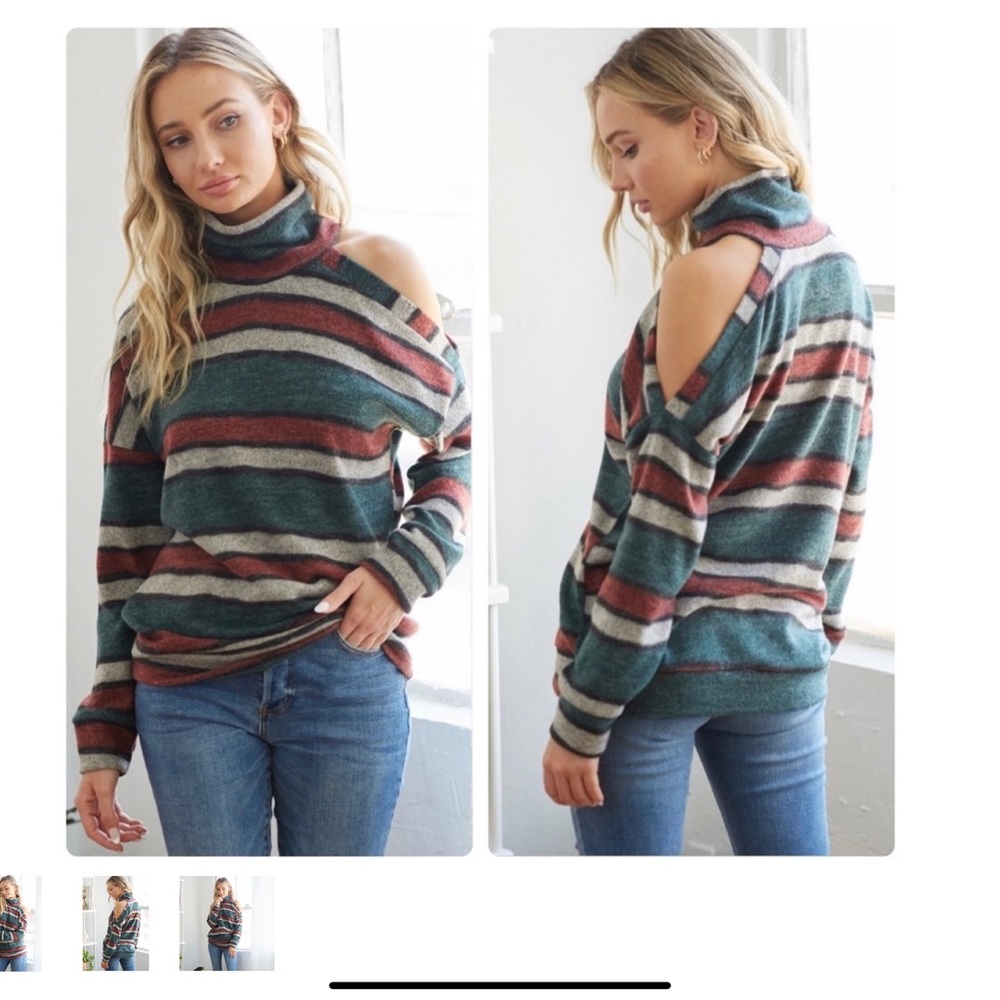 STRIPED COLD SHOULDER SWEATER